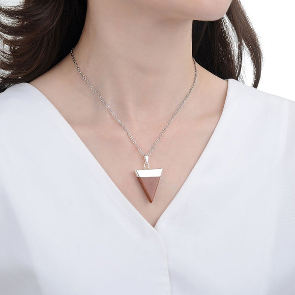 1pc Brown Goldstone Sandstone Triangle Gemstone Pendant Necklace, 18 Inch Surgical Stainless Steel Chain, GGP-A2