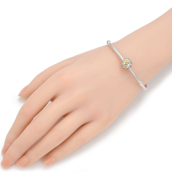 1pc 925 Sterling Silver Round Heart Pattern November Birthstone Bead Charm, Yellow Topaz Cubic Zirconia CZ, 11x9mm, Hole ID 4.5mm, EC1-H11