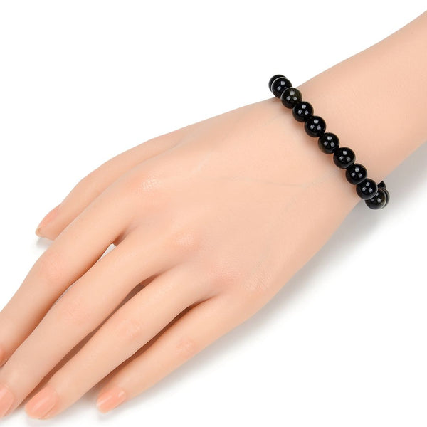 1 Strand Stretch Natural Gold Sheen Obsidian Beaded Gemstone Bracelet, 8mm Bead, Length Selections: 7 inch/7.5 inch/8 inch/8.5 inch