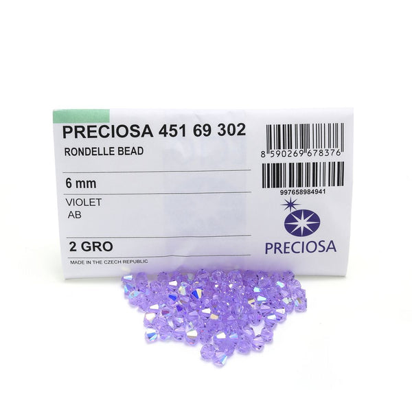 50pcs Preciosa Faceted Bicone Crystal Beads, Violet AB, 6mm, Hole ID 1mm, Pre-B659