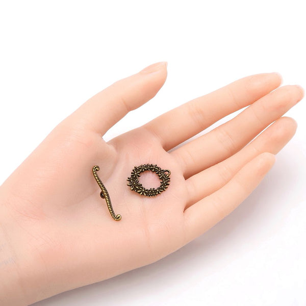 Adabele 20 Sets Flower Toggle Clasp, T-Bar Jewelry Closure, 20.3mm (0.8 Inch), Tarnish Resistant Antique Bronze, MC-AF53