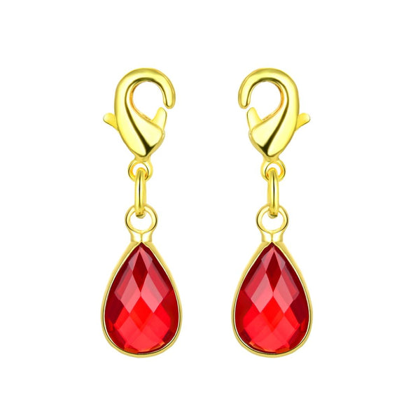 2pcs Clip On Dangle January Red Birthstone Charm Drops, Tarnish Resistant, 18K Yellow Gold Plated Lobster Clasp, BL8-1