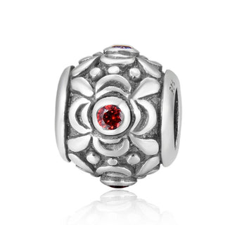 1pc 925 Sterling Silver Round Flower Pattern January Birthstone Bead Charm, Siam Red Garnet Cubic Zirconia CZ, 11.2x9.5mm, Hole ID 4.5mm, EC1-G1