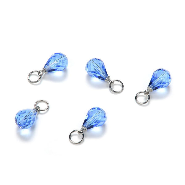 5pcs December Birthstone Charm Drops, 10mm Light Blue Austrian Teardrop Crystal Beads, Sterling Silver Plated Open Jump Rings, BR6-12
