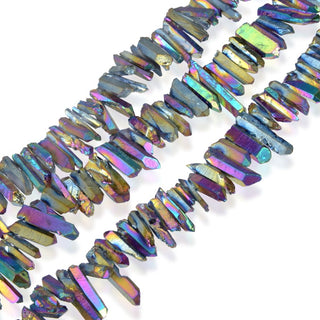1 Strand Natural Raw Crystal Quartz Gemstone Beads, Small Drilled Stone Points, Rainbow AB Titanium Coated Stone Stick, 15 Inch, GA5