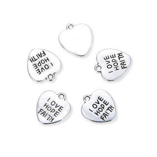 20pcs Heart of Love Hope Faith Charms 15.4mm One Sided Heart Drop Pendants, Antique Silver, MC-D2