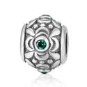 1pc 925 Sterling Silver Round Flower Pattern May Birthstone Bead Charm, Green Emerald Cubic Zirconia CZ, 11.2x9.5mm, Hole ID 4.5mm, EC1-G5