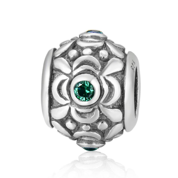 1pc 925 Sterling Silver Round Flower Pattern May Birthstone Bead Charm, Green Emerald Cubic Zirconia CZ, 11.2x9.5mm, Hole ID 4.5mm, EC1-G5