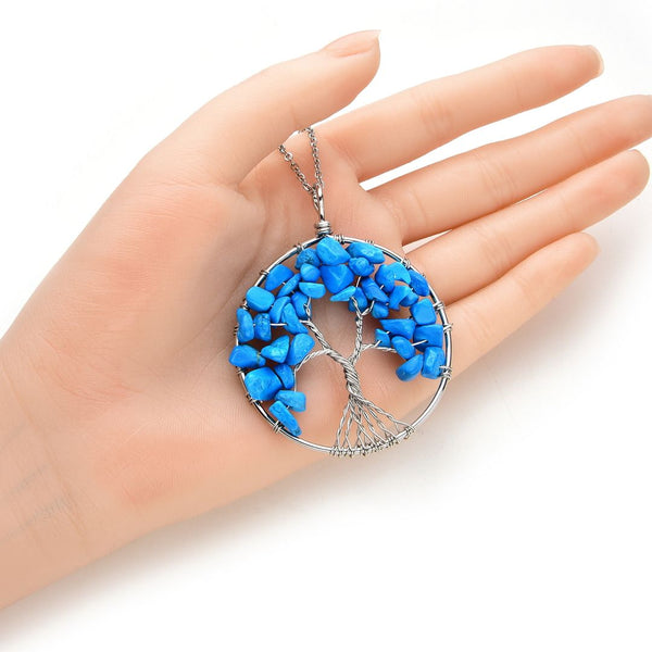 1pc Tree of Life Prosperity Necklace, Natural Blue Howlite Imitation Turquoise Gemstone Pendant, 26 inch Surgical Stainless Steel Chain, GGP9-6
