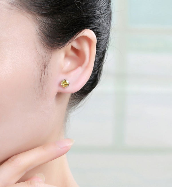 1 Pair 925 Sterling Silver November Birthstone Round Cut Stud Earrings, 6mm/0.84 Carat Cubic Zirconia CZ Yellow Topaz Stone, SSE48-11