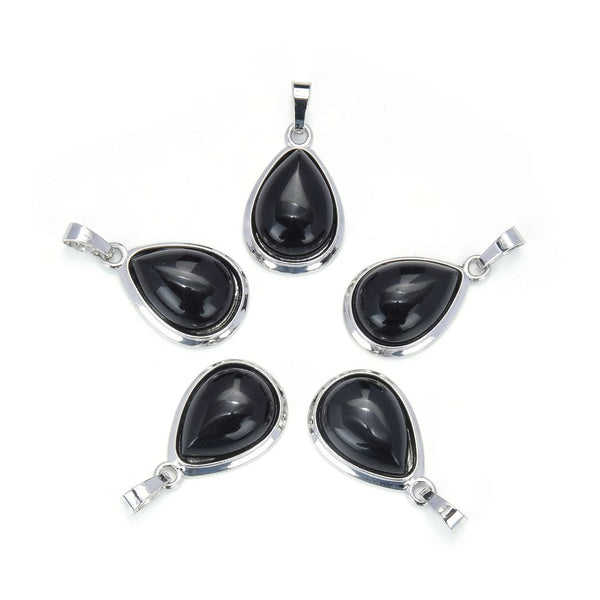 2pcs Natural Black Obsidian Teardrop Gemstone Pendants, 22mm Pear Stone Drops, G2P-J5