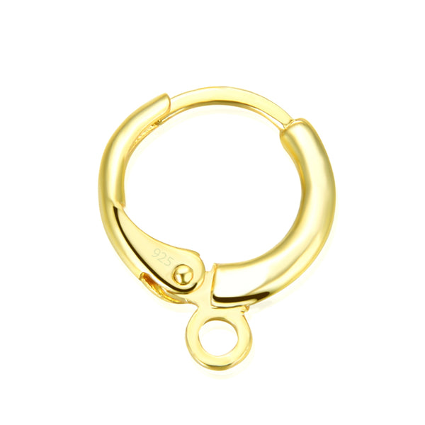 10pcs 925 Sterling Silver Round Hoop Huggies, Leverback Earring Hooks, Real 18K Yellow Gold Plated, Closed Ring, 12mm, SS88-2