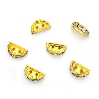 50pcs Grade A Half Round 2-Hole Crystal Clear Rhinestone Beads, 18K Yellow Gold Plated Brass, 13mm, CF175