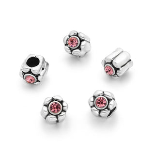 20pcs Sparkle Pink Rhinestone Flower Large Hole Beads, Hole ID 4.5mm, Antique Silver, Zinc Alloy Metal, MEC-E6
