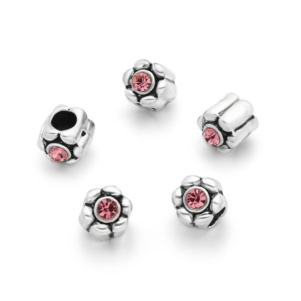 20pcs Sparkle Pink Rhinestone Flower Large Hole Beads, Hole ID 4.5mm, Antique Silver, Zinc Alloy Metal, MEC-E6