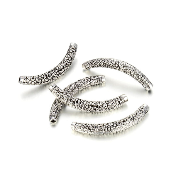 10pcs Large Hole Curved Filigree Flower Vines Noodle Tubes, Antique Silver, 66.5mm (2.62 Inch), Hole ID 4.2mm, MC-L6