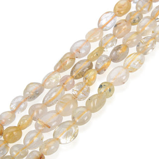Natural Gold Rutilated Quartz Gemstone Oval Tumbled Pebble Beads, Irregular, 8mm to 10mm, Hole ID 1mm, 15 Inch/1 Strand, GZ12-39
