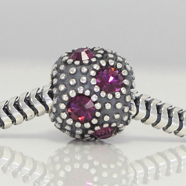 1pc 925 Sterling Silver February Birthstone Bead Charm, Purple Amethyst Cubic Zirconia CZ, 10.3x9mm, Hole ID 4.5mm, EC1-M2
