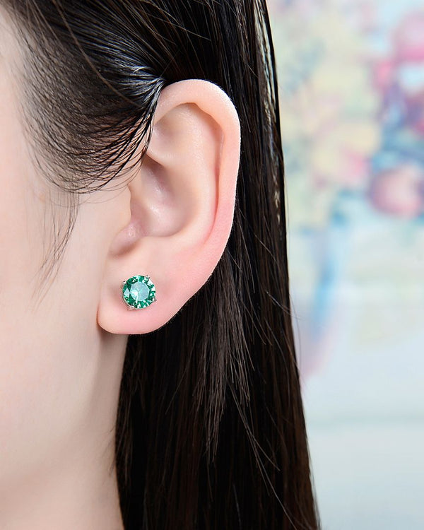 1 Pair 925 Sterling Silver May Birthstone Round Cut Stud Earrings, 8mm/2 Carat Cubic Zirconia CZ Green Emerald Stone, SSE49-5