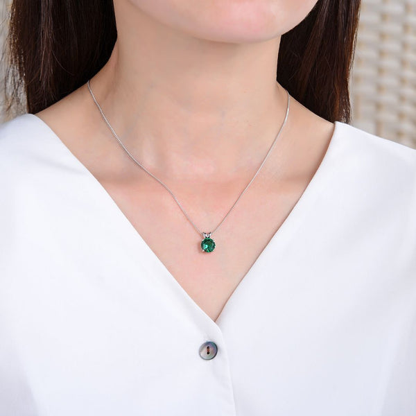 925 Sterling Silver May Birthstone Solitaire Necklace, 8mm/2 Carat Green Emerald Cubic Zirconia CZ, Length Selections: 16 inch/18 inch