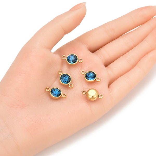 10pcs Grade A September Sapphire Blue Birthstone Links, 18K Yellow Gold Plated Stainless Steel, Tarnish Resistant, 10mm, CCP37-9