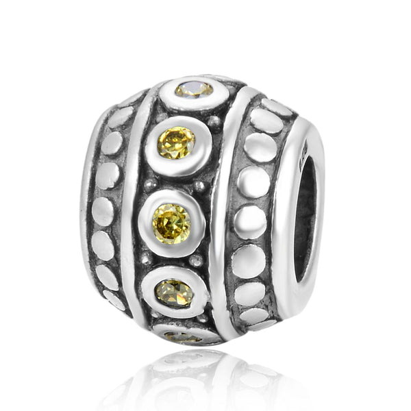 1pc 925 Sterling Silver Round November Birthstone Bead Charm, Yellow Topaz Cubic Zirconia CZ, 10x8mm, Hole ID 4.5mm, EC1-F11