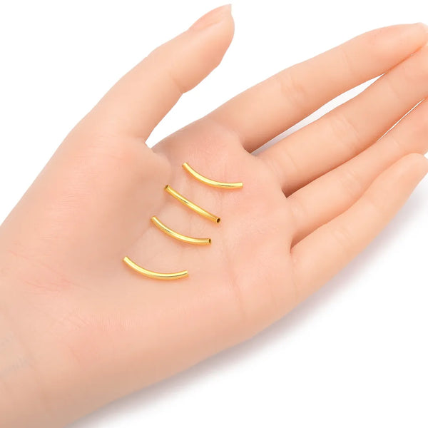 10pcs 925 Sterling Silver Curved Noodle Tubes, Real 18K Yellow Gold Plated, Hole ID 1.5mm, Size Selections: 20mm/25mm/30mm