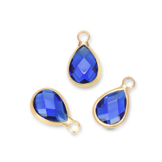 10pcs Grade A September Sapphire Blue Teardrop Birthstone Charm Drop, 18K Yellow Gold Plated Brass, Size Selections: 11x7mm, 14x8mm, 16x9mm