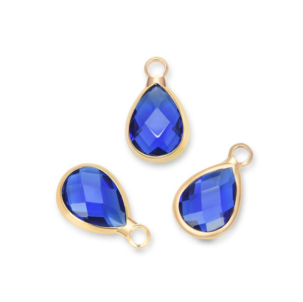 10pcs Grade A September Sapphire Blue Teardrop Birthstone Charm Drop, 18K Yellow Gold Plated Brass, Size Selections: 11x7mm, 14x8mm, 16x9mm