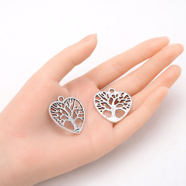 20pcs Tree of Life Filigree Heart Charms, 33.6mm Large One Sided Heart Drop Pendants, Antique Silver, MC-D24