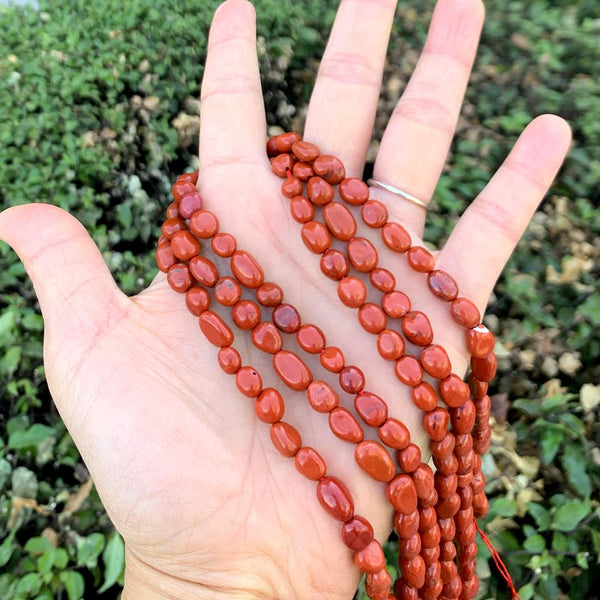 Natural Red Jasper Gemstone Oval Tumbled Pebble Beads, Irregular, 6mm to 8mm, Hole ID 1mm, 15 Inch/1 Strand, GZ11-60