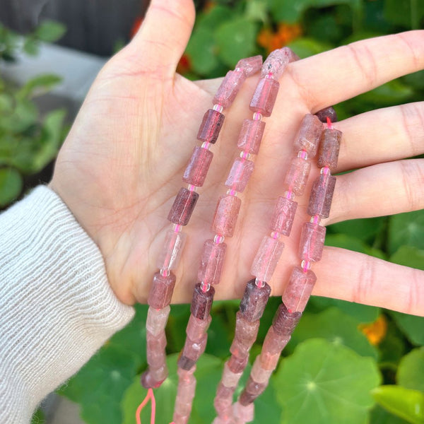 Natural Red Strawberry Quartz Gemstone Faceted Tube Beads, 12x7mm, Hole ID 1mm, 15 Inch/1 Strand, GZ8-10