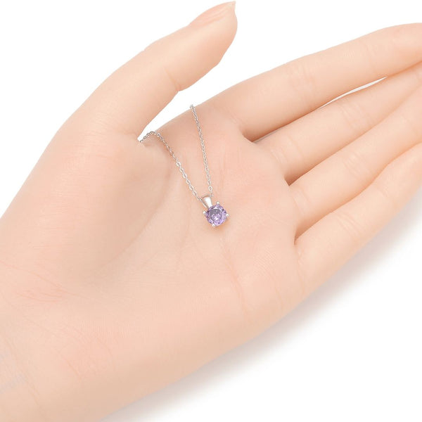 925 Sterling Silver February Birthstone Solitaire Necklace, 6mm/0.84 Carat Purple Amethyst Cubic Zirconia CZ, Length Selections: 16 inch/18 inch