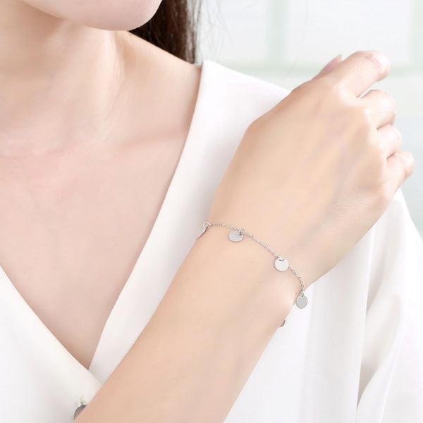 1pc 925 Sterling Silver Cable Chain Bracelet with 6mm Coin Charm Drops, Tarnish Resistant White Gold Plated, Length Selections: 7 inch/7.5 inch/8 inch