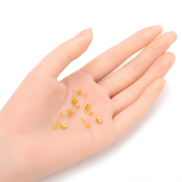 100pcs Tarnish Resistant Earring Posts Glue On Flat Board Settings, with 100pcs Earring Backs, 18K Yellow Gold Plated Brass, Flat Board Size Selections: 4mm/6mm/8mm