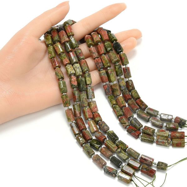 Natural Unakite Red Green Jasper Gemstone Faceted Tube Beads, 12x7mm, Hole ID 1mm, 15 Inch/1 Strand, GZ8-3