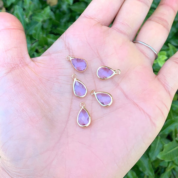 10pcs Grade A June Alexandrite Purple Teardrop Birthstone Charm Drop, 18K Yellow Gold Plated Brass, Size Selections: 11x7mm, 14x8mm, 16x9mm