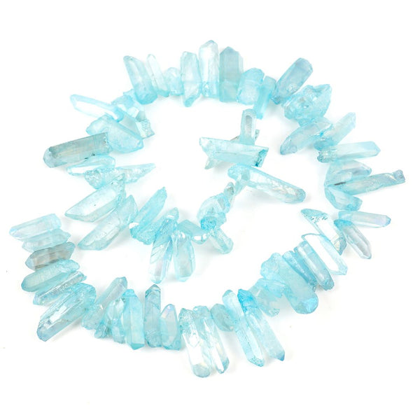 1 Strand Natural Raw Crystal Quartz Gemstone Beads, Small Drilled Stone Points, Aqua Blue AB Titanium Coated Stone Stick, 15 Inch, GA7
