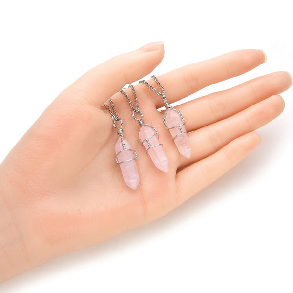 1pc Natural Pink Rose Quartz Gemstone Pendant Necklace, 18 Inch Surgical Stainless Steel Chain, GGP-E6