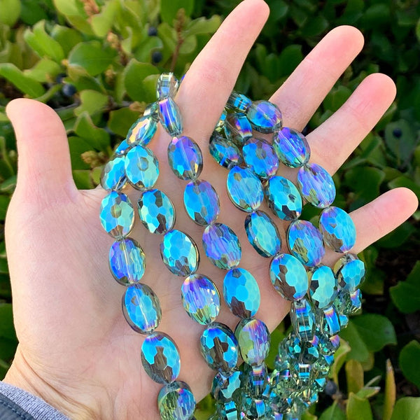 50pcs Creative Club Faceted Flat Oval Crystal Beads, Peridot Shimmer, 16x12mm/Large, Hole ID 1.1mm, CCO-36