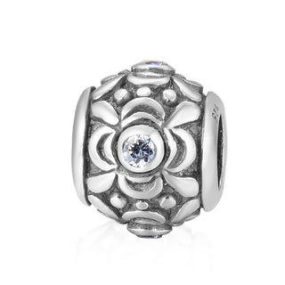 1pc 925 Sterling Silver Round Flower Pattern April Birthstone Bead Charm, Diamond Clear Cubic Zirconia CZ, 11.2x9.5mm, Hole ID 4.5mm, EC1-G4