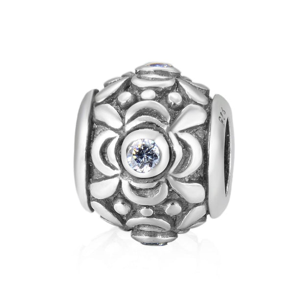 1pc 925 Sterling Silver Round Flower Pattern April Birthstone Bead Charm, Diamond Clear Cubic Zirconia CZ, 11.2x9.5mm, Hole ID 4.5mm, EC1-G4