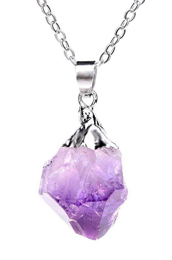 1pc Natural Raw Purple Amethyst Crystal Free Form Gemstone Pendant Necklace, 18 inch Surgical Stainless Steel Chain, GGP12-1