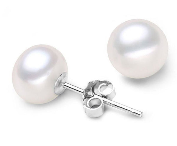 1 Pair 925 Sterling Silver Natural White Freshwater Pearl Stud Earrings, AAAA Grade Super High Luster Pearls, Pearl Size Selections: 6-6.5mm, 7-7.5mm, 8-8.5mm, 9-9.5mm