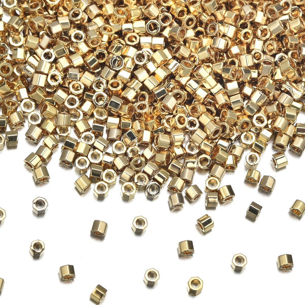 7.5g Miyuki Delica 11/0 Hex Cut Seed Beads, 24kt Light Gold Plated DBC34