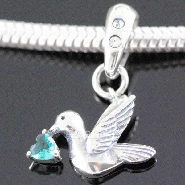 1pc 925 Sterling Silver Bird Charm, Freedom Lover May Birthstone Charm Drop, Green Emerald Cubic Zirconia CZ, 20mm Long, Hole ID 4.5mm, EC1-D5