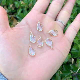 10pcs Grade A April Crystal Clear Teardrop Birthstone Charm Drop, 18K Yellow Gold Plated Brass, Size Selections: 11x7mm, 14x8mm, 16x9mm