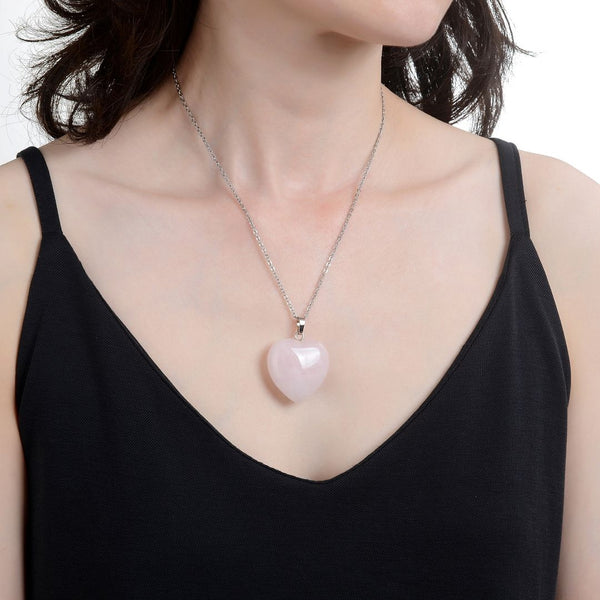 1pc You Are My Only Love Necklace, Natural Pink Rose Quartz Gemstone Large Heart Pendant, 18 Inch Surgical Stainless Steel Chain, GGP8-5