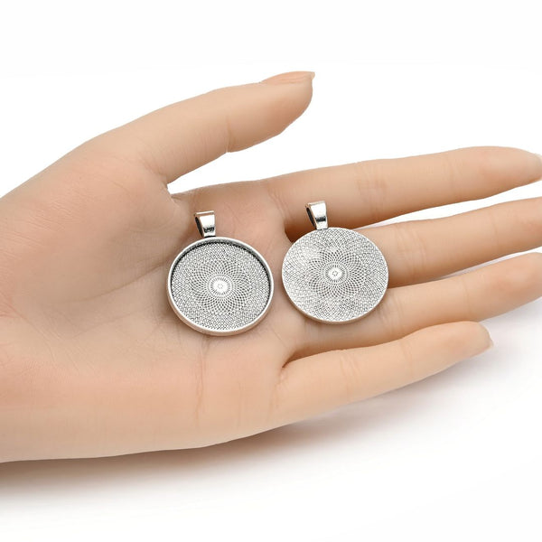 20pcs Large Sturdy Round Bezels, Pendant Base, Antique Silver, Designed for 25mm Cabochon Resin Cameo Photo, MC-G8