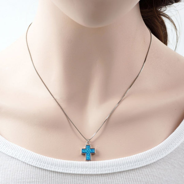 1pc Natural Druzy Crystal Pendant Necklace, Aquamarine Blue Cross Small Gemstone Pendant, 18 inch Stainless Steel Surgical Chain, GGP19-3